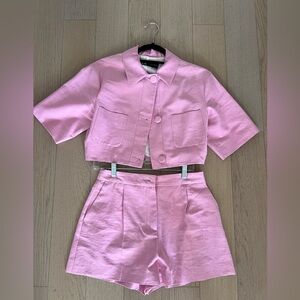Zara Light Pink Button-Up Jacket and Short Set